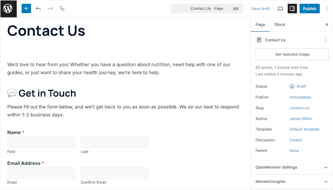 Formulario de contacto cargado en el editor de contenido