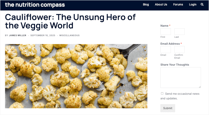 Formulario de contacto de WPForms en vivo en la barra lateral