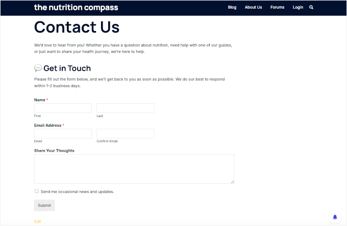 Formulario de contacto de WPForms en un sitio en vivo