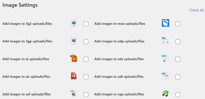 Select file type icons