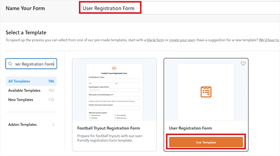 Select the user registration form template