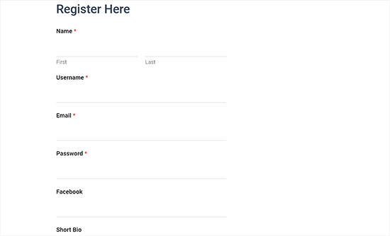 User registration form preview