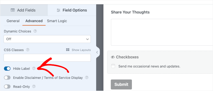 Ocultar la etiqueta de la casilla de verificación