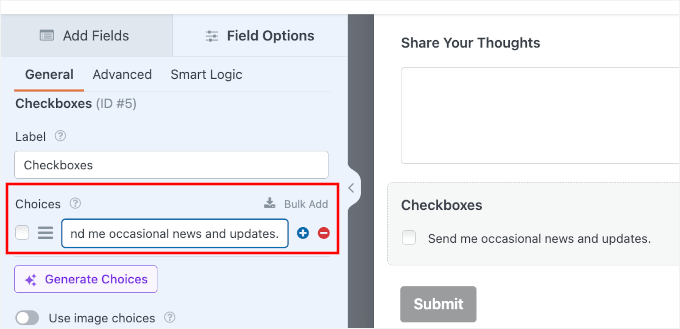 Editar las opciones de la casilla de verificación