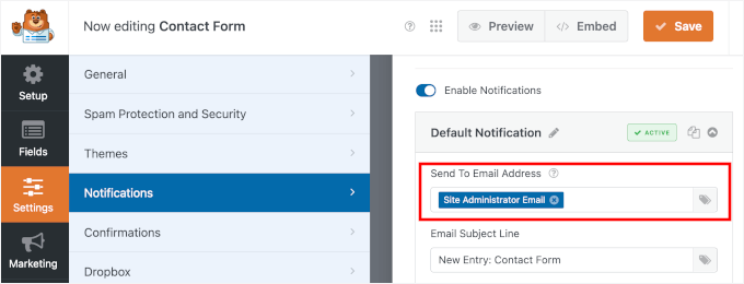 Notificación predeterminada de WPForms