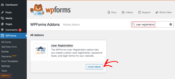 Installare l'addon di registrazione utente in WPForms