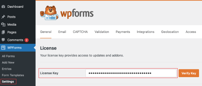 Inserisci la tua chiave di licenza WPForms