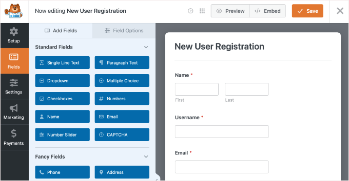 Il nuovo modulo di registrazione utente creato in WPForms