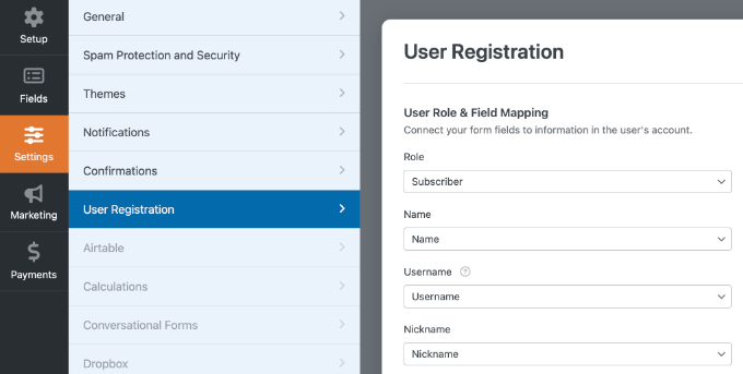 Impostazioni di registrazione utente nel costruttore di WPForms