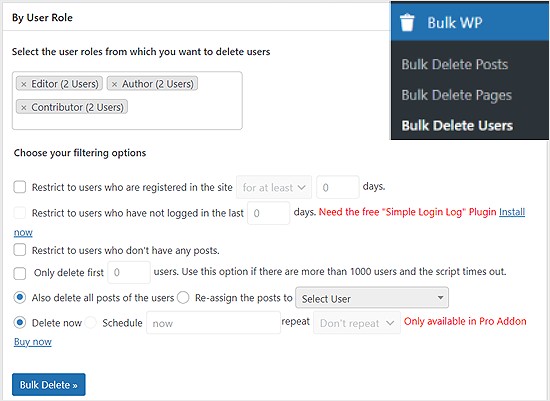 Bulk deleting users using the Bulk Delete plugin