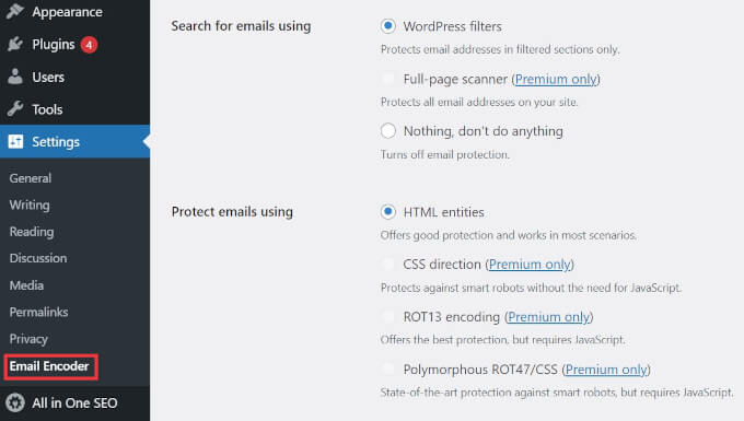 Email Encoder settings
