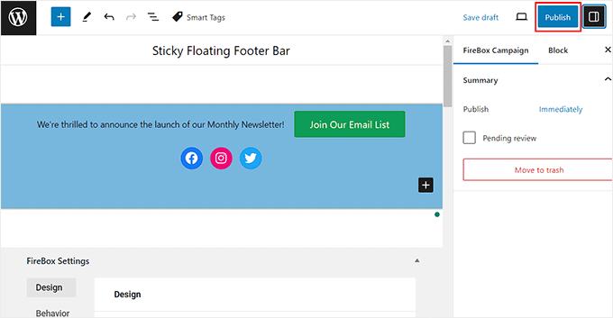 Publish floating footer bar