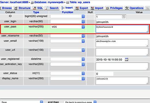 Changing user password