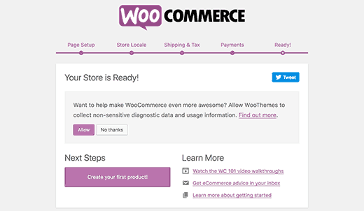 WooCommerce setup finished - start online store