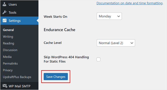 Clicking 'Save Changes' in the WordPress General Settings page