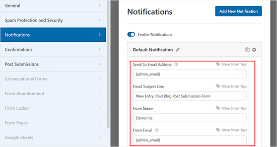 Configure notification settings for the blog post submission form