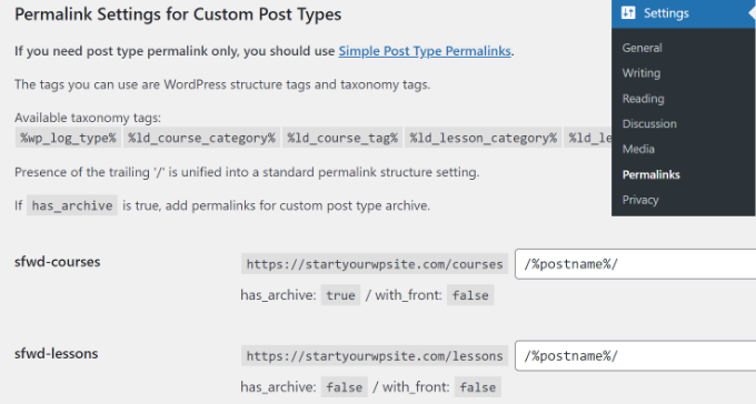 Permalink settings for custom post