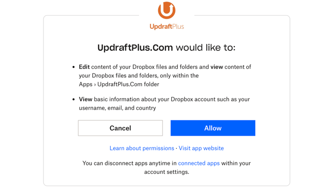 Allow UpdraftPlus to access Dropbox