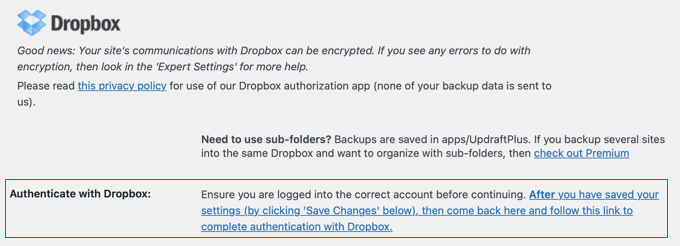 Setting up Dropbox as your remote storage service for backups