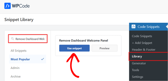 Search for the Remove Dashboard Welcome Panel snippet in WPCode library