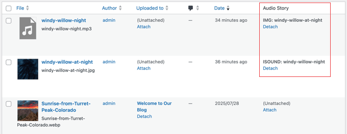 Bekräftelse som visar att ljudfilen är bifogad bilden