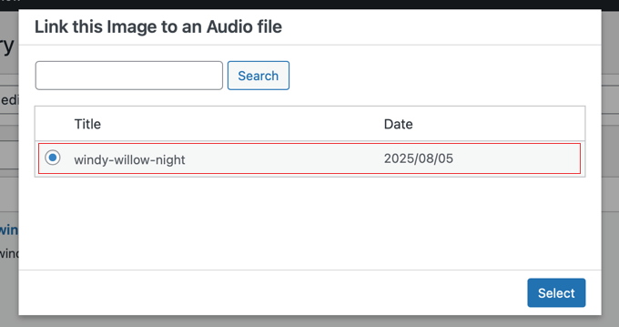 Välja ljudfilen från popup-fönstret för mediebiblioteket
