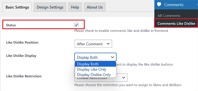 Check the Status box to enable the like dislike feature