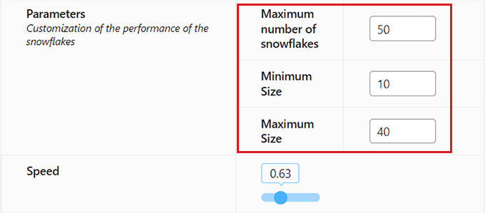 Choose the size and number of falling snowflakes