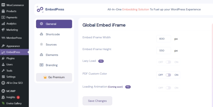 Edit EmbedPress settings