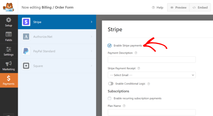 Enable Stripe payments