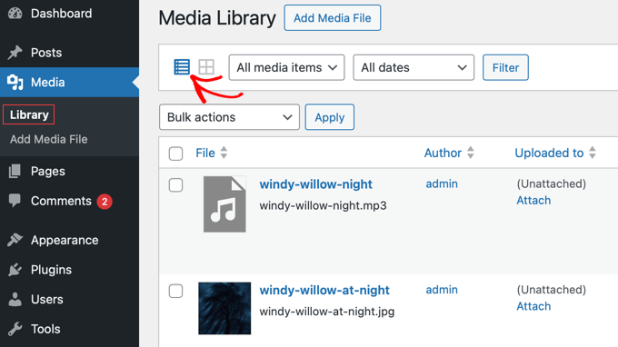 Växla till listvy i WordPress mediebibliotek