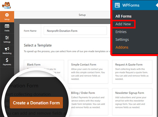Create a new WordPress donation form