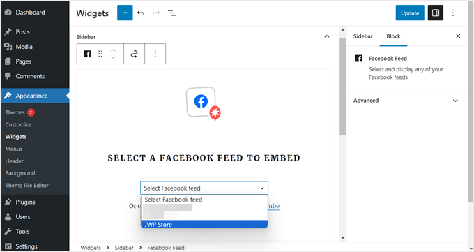 Selecting a Smash Balloon Facebook Feed to be used in a widget-ready area