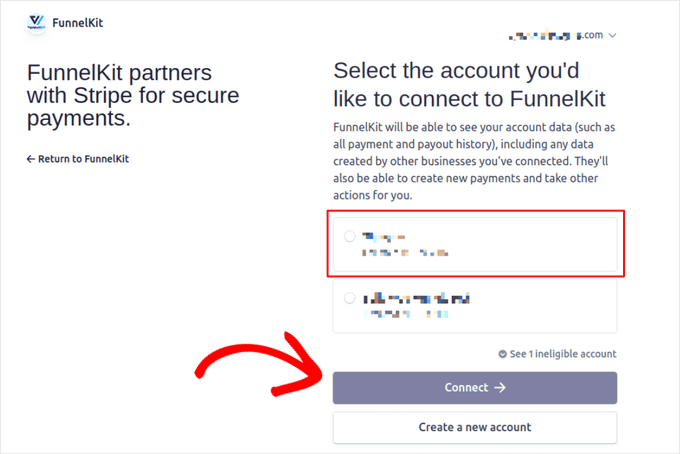 Select Stripe account and click Connect