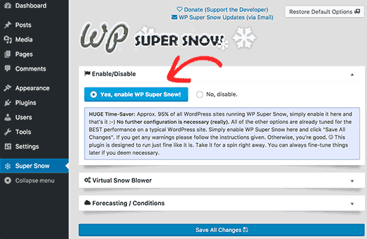 Page des paramètres de WP Super Snow
