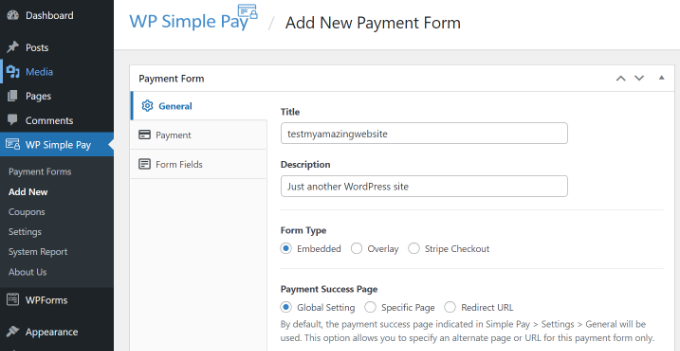 WP Simple Pay form general settings