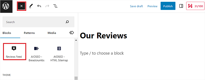 Add Reviews Feed block into the page