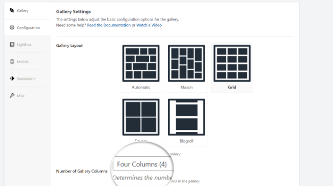 Choose gallery layout and number of columns