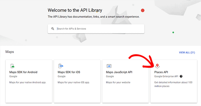 Choose Places API option in the API library