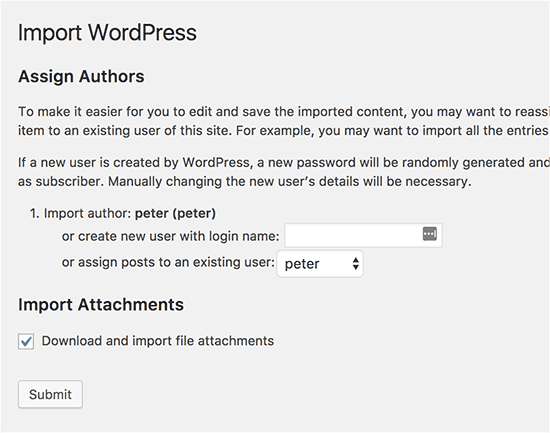 WordPress import settings