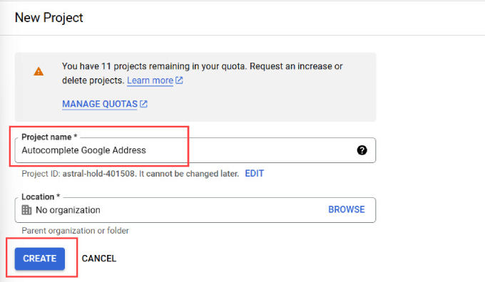 Create a project in Google Console 