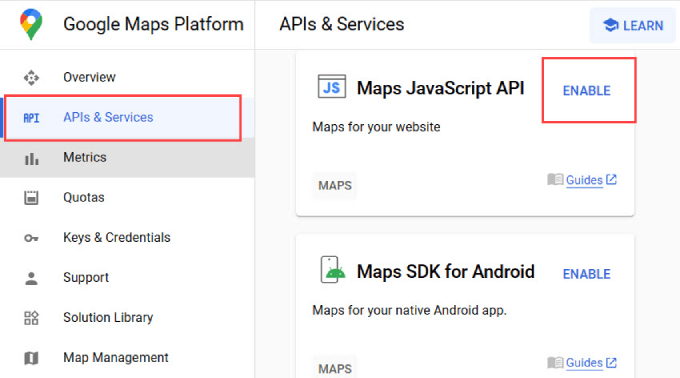 Enable maps javascript API