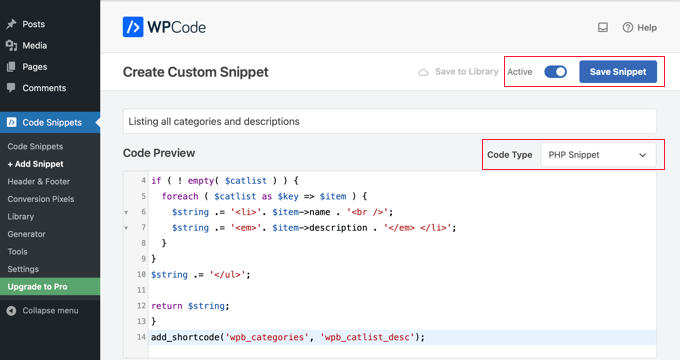 WPCode Snippet for Listing Categories and Descriptions