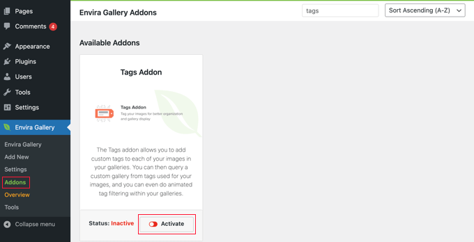 Activate Envira Gallery Tags Addon
