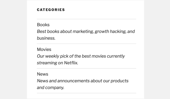 List WordPress categories with description