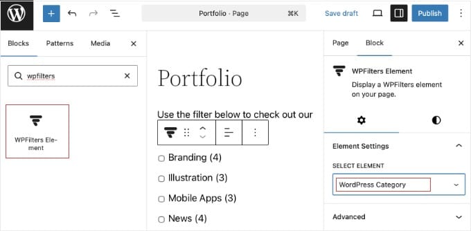 Adăugarea unui bloc WPFilters pe o pagină