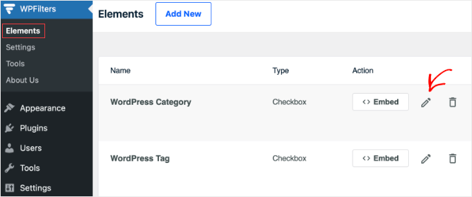 Editarea elementului WPFilters 'Categorie WordPress'