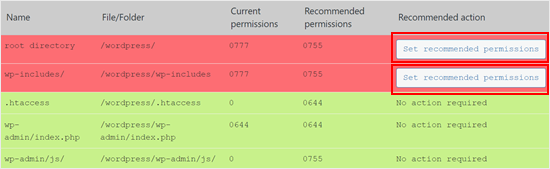 Setting the recommended file and folder permissions in All in One Security