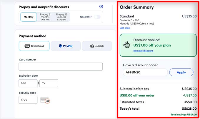 Constant Contact Checkout Page