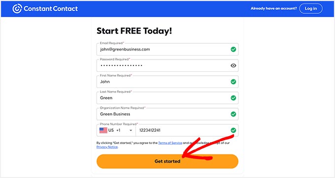 Enter an email address and a password for your Constant Contact account